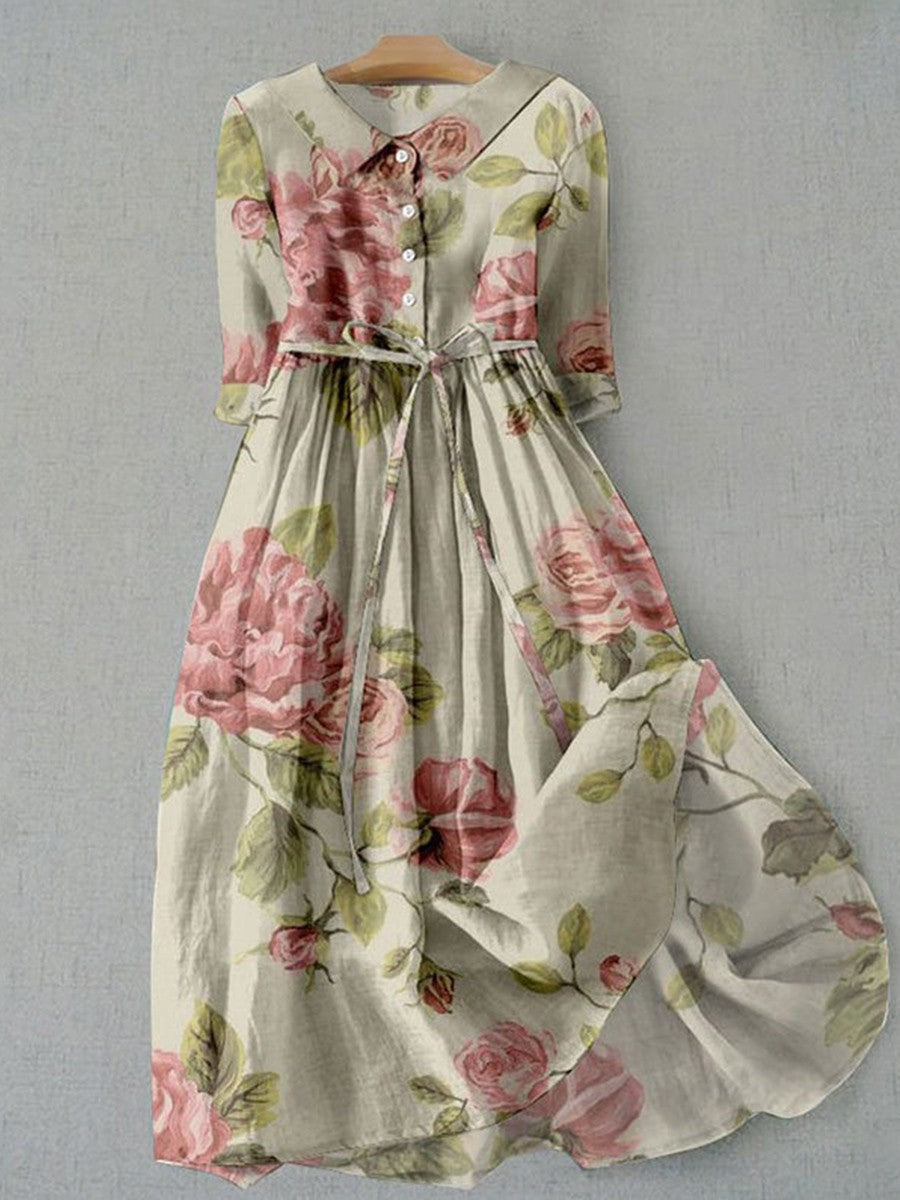 Robe d'été femme kaki élégante, imprimé floral vintage et col revers, style décontracté pour le printemps/vacances.