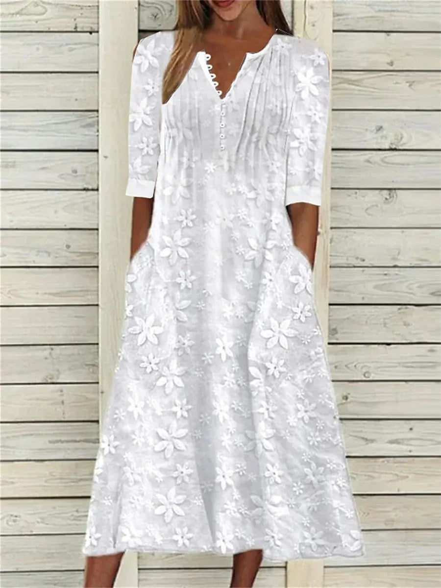 Robe maxi fleurie femme élégante col V avec poches, idéale pour l'été ou le printemps, style décontracté chic.