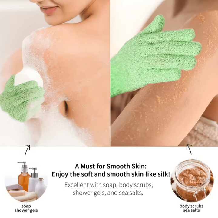 Gants de bain doux et efficaces pour un gommage exfoliant, laissant la peau lisse et fraîche.