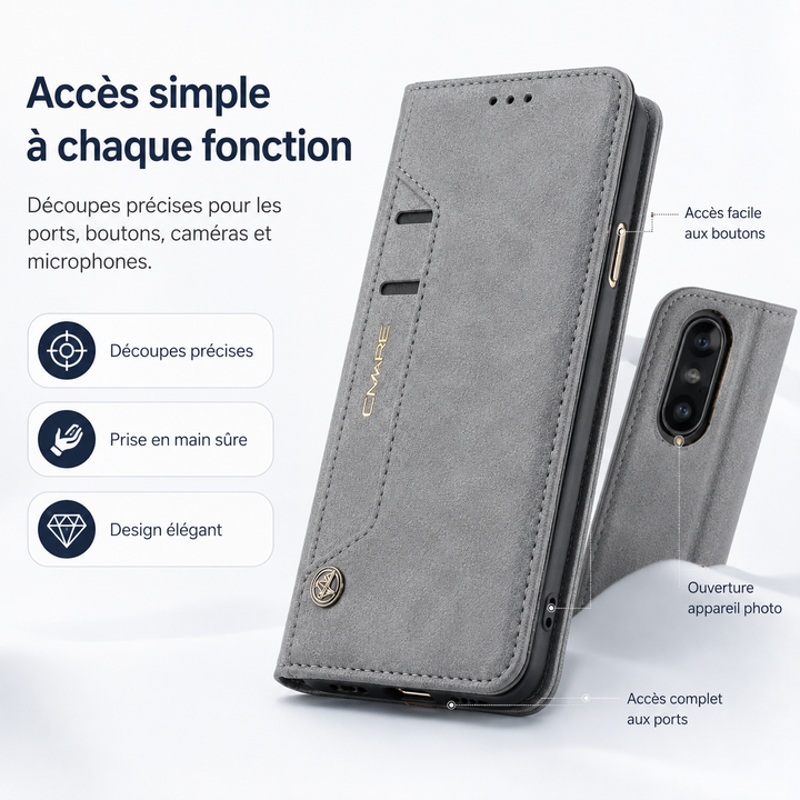 Accessoire iPhone : étui en cuir noir à rabat, sécurisé par fermeture magnétique.