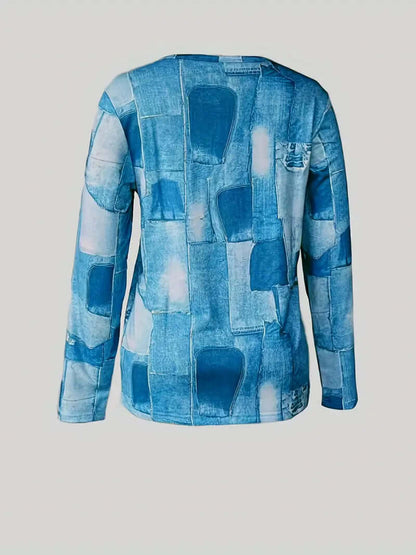 Trendig Denimblus - Långärmad Patchwork