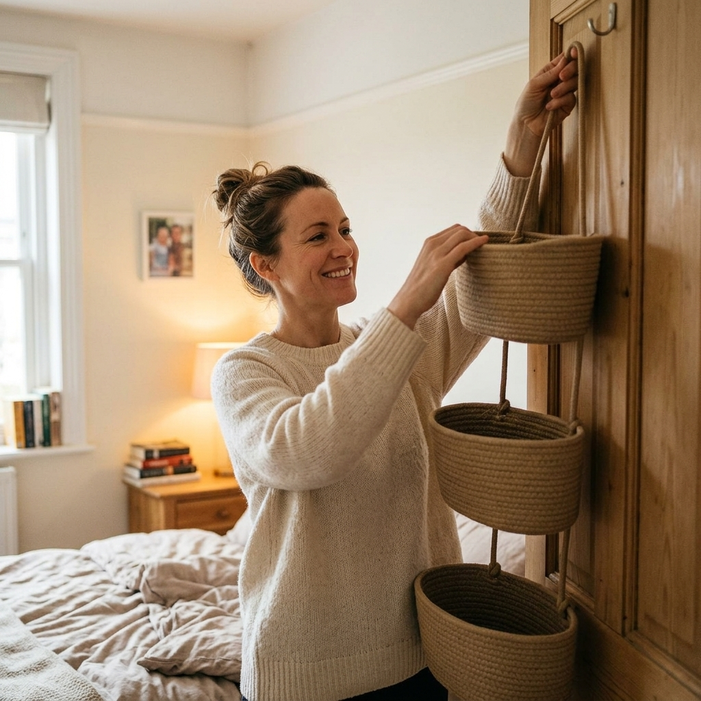 Panier de rangement en coton tressé ivoire à 3 niveaux, parfait pour suspendre derrière une porte.