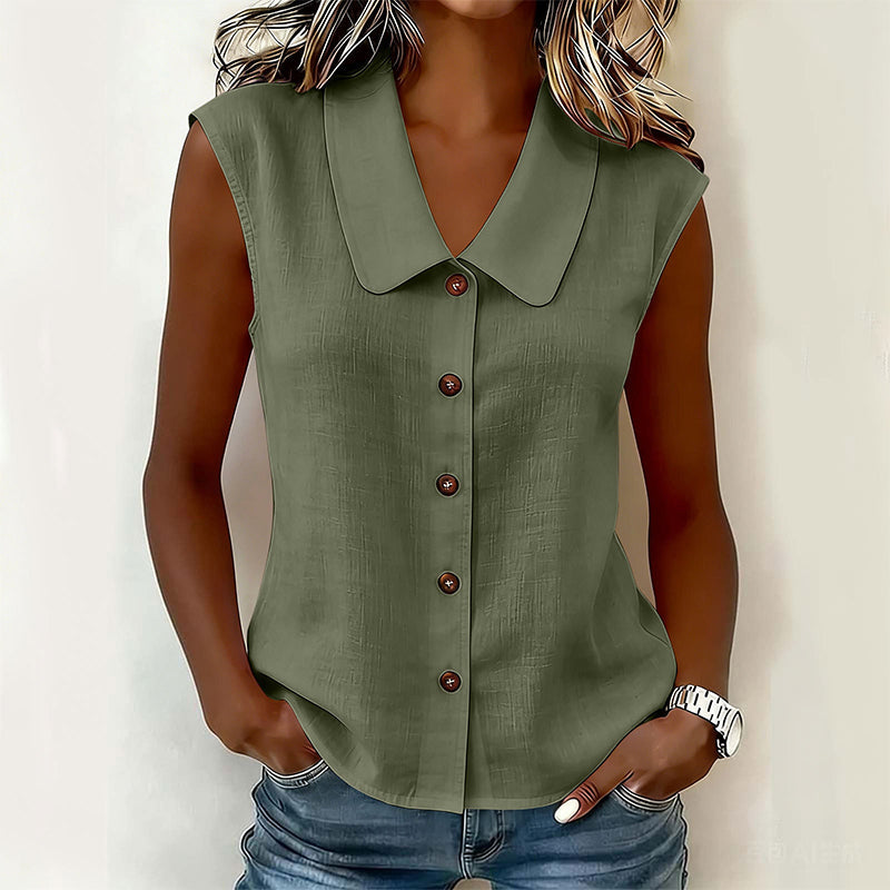 Look casual chic: Chemisier femme sans manches, col V, boutons. Léger pour les journées printanières.