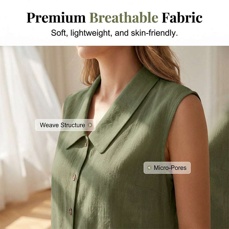 Chemisier femme sans manches, col V et boutons chics. Idéal pour une tenue élégante et polyvalente.