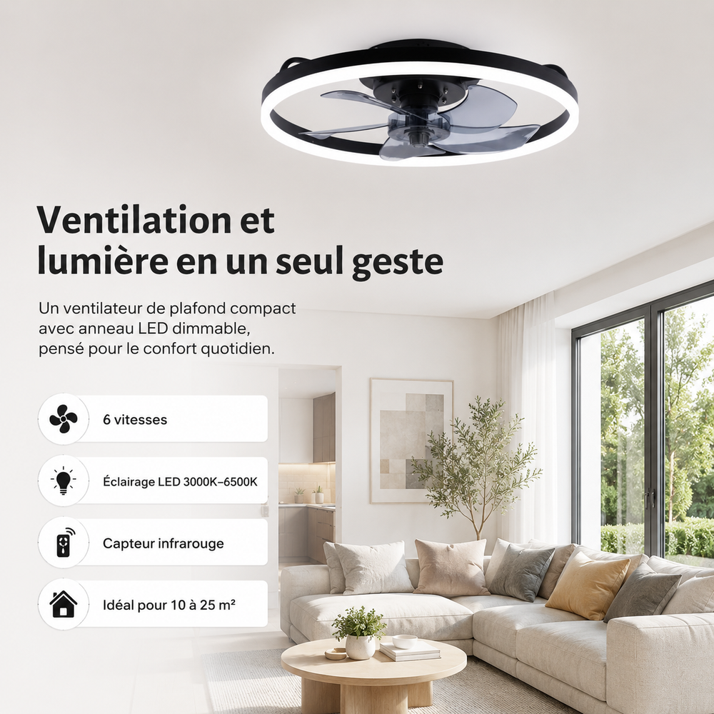Ventilateur SilentBreeze 50 cm pour chambre, design moderne avec lumière LED, compact et silencieux.