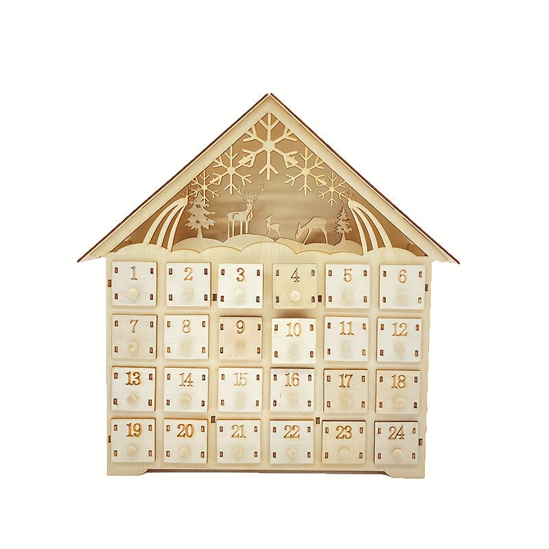 Élégant calendrier de l'Avent en bois naturel, design maison. Décoration de Noël durable et lumineuse.