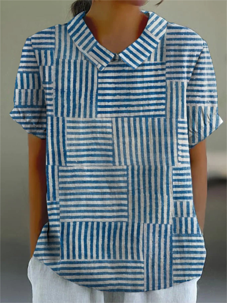Chemise femme patchwork rayée bleu et blanc, style chic et polyvalent, élégante et décontractée pour l'été.