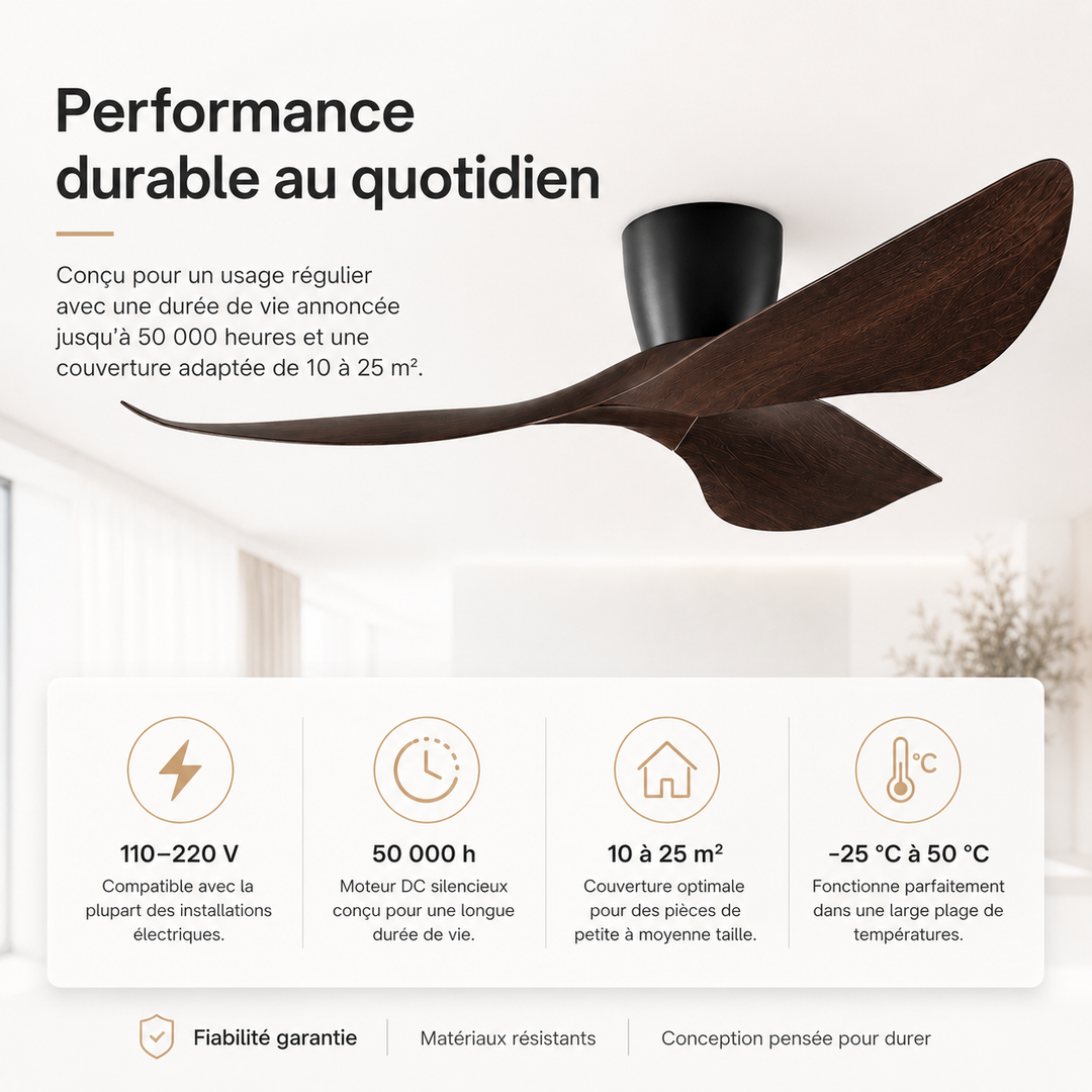 Ventilateur de plafond économe en énergie, design moderne, pales en bois, pour un confort toute l'année.