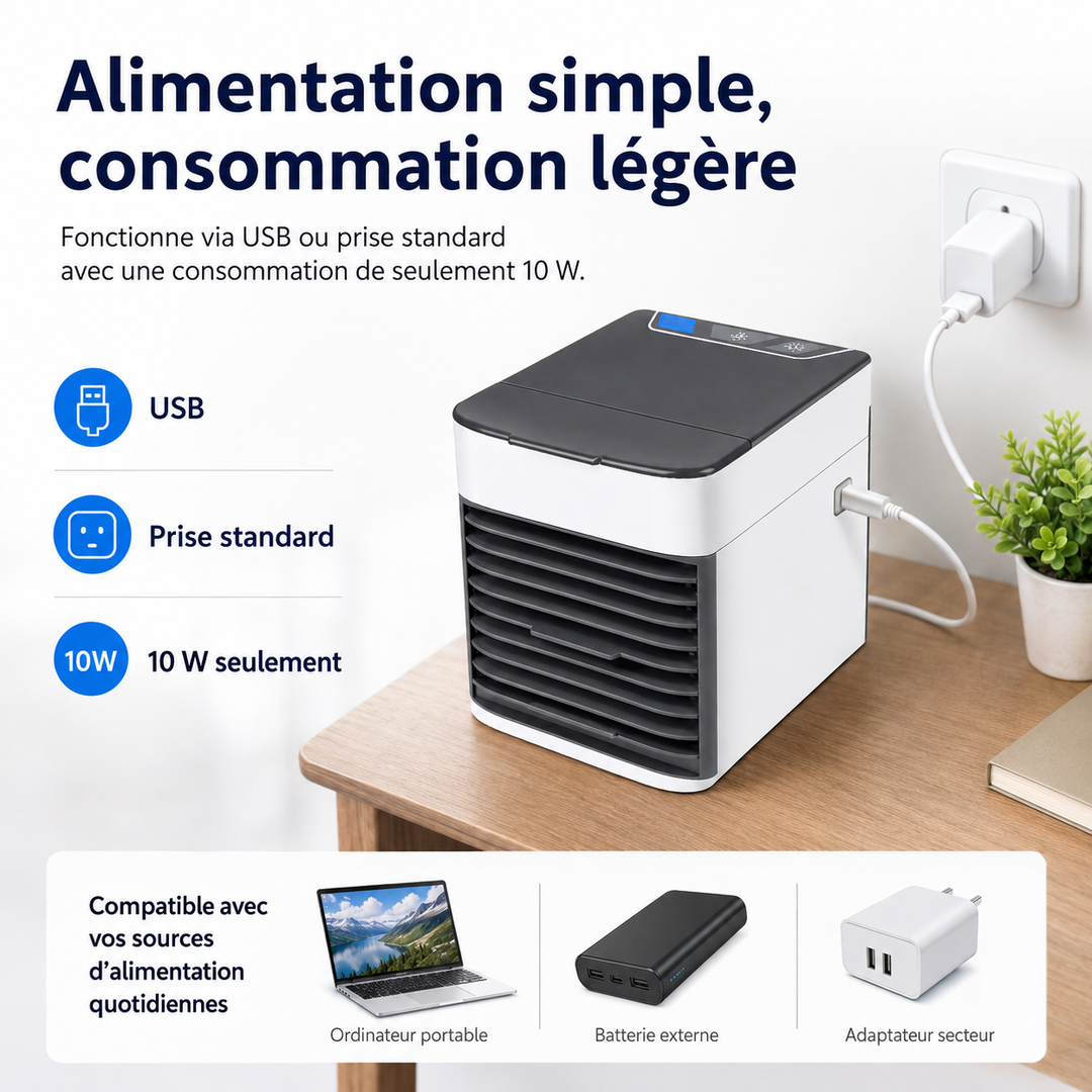 Rafraîchisseur d'air USB silencieux et évaporatif. Maintient un environnement frais et agréable au bureau ou à la maison.