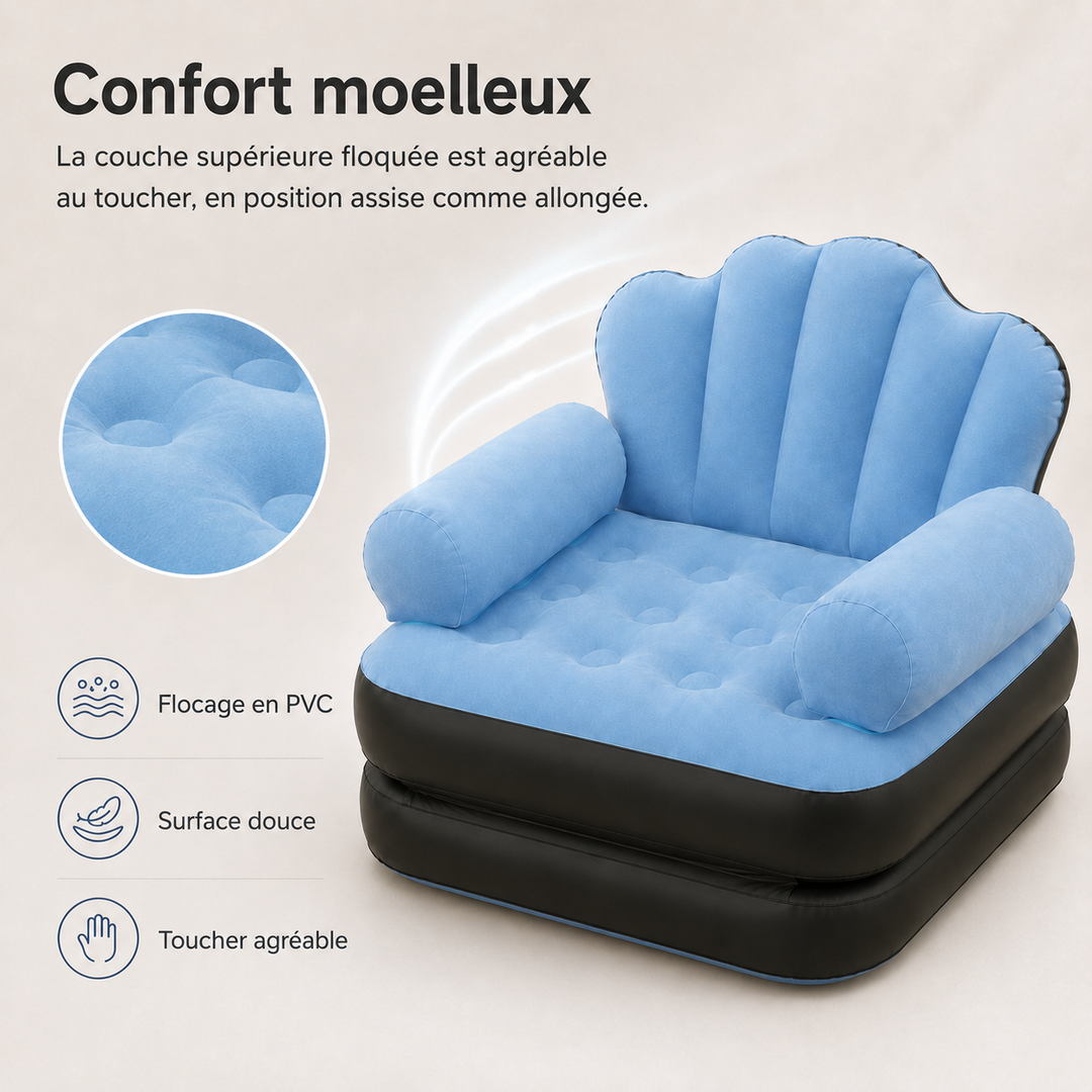 SofaMate gonflable gris clair, fauteuil chaise longue pour un confort intérieur/extérieur.