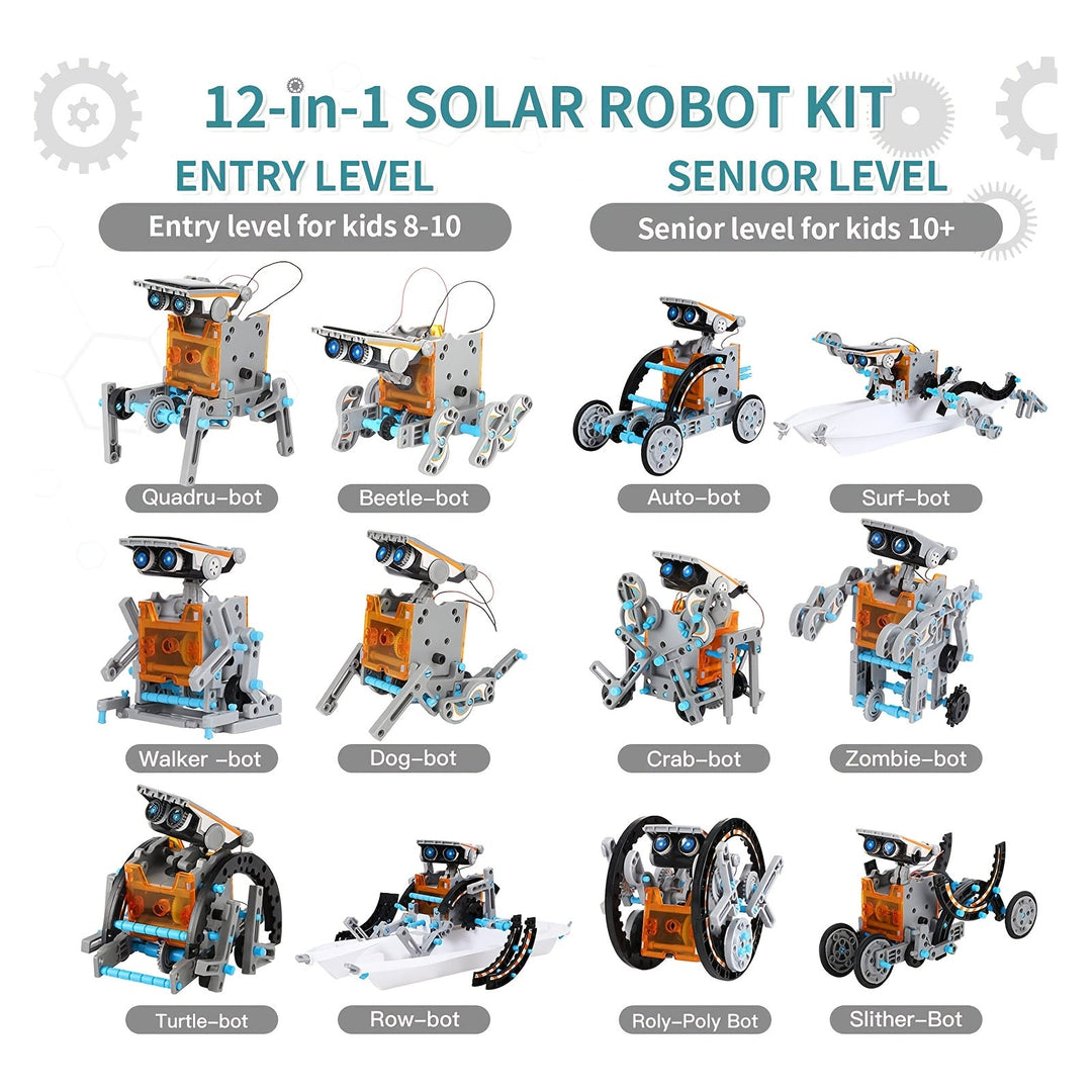 Jouet de construction robot 12-en-1 à énergie solaire, idéal pour le développement des enfants.