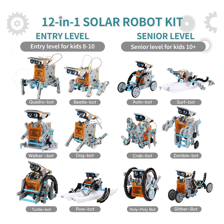 Jouet de construction robot 12-en-1 à énergie solaire, idéal pour le développement des enfants.