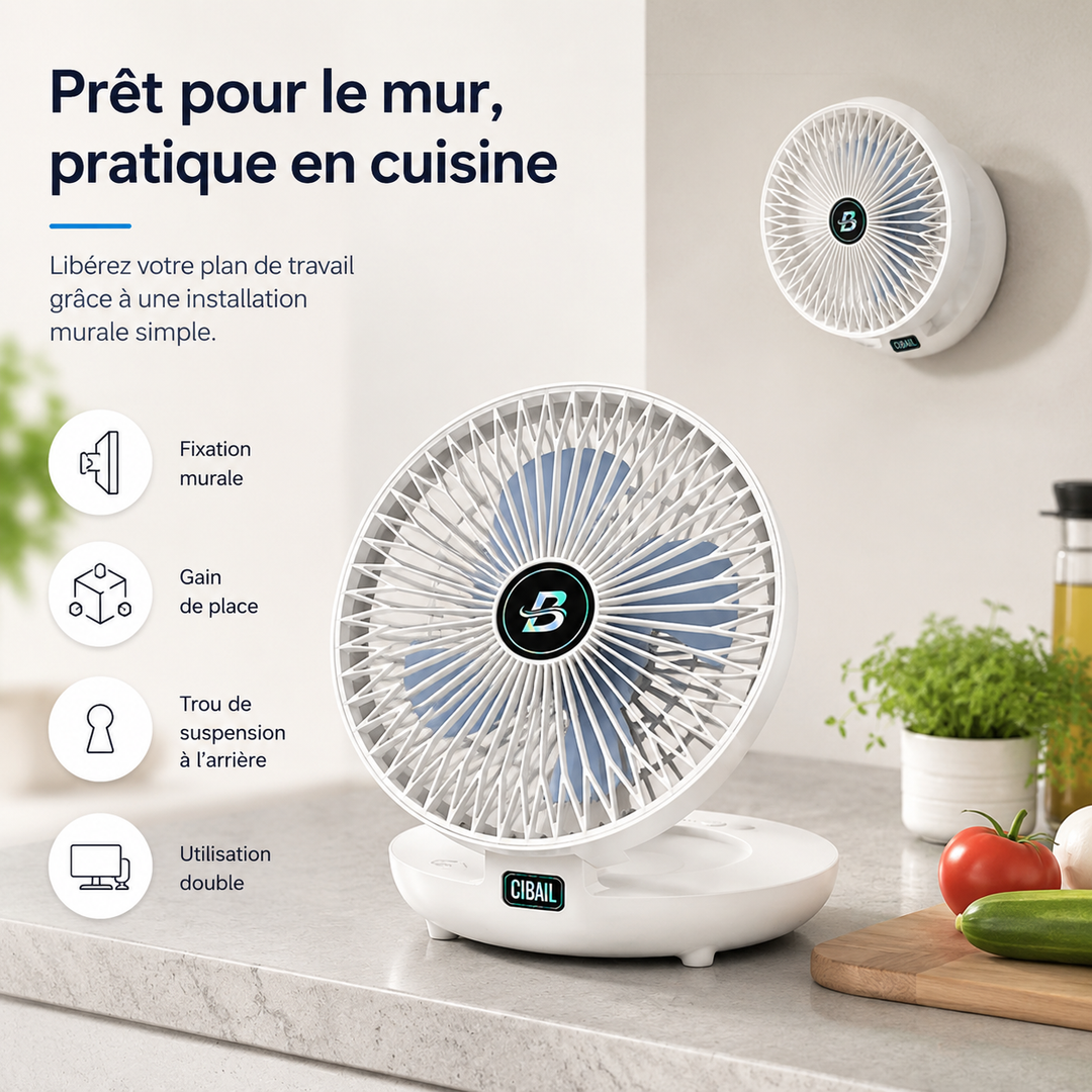Ventilateur portable rechargeable avec LED, pliable pour bureau ou mur. Idéal pour rafraîchir en été.