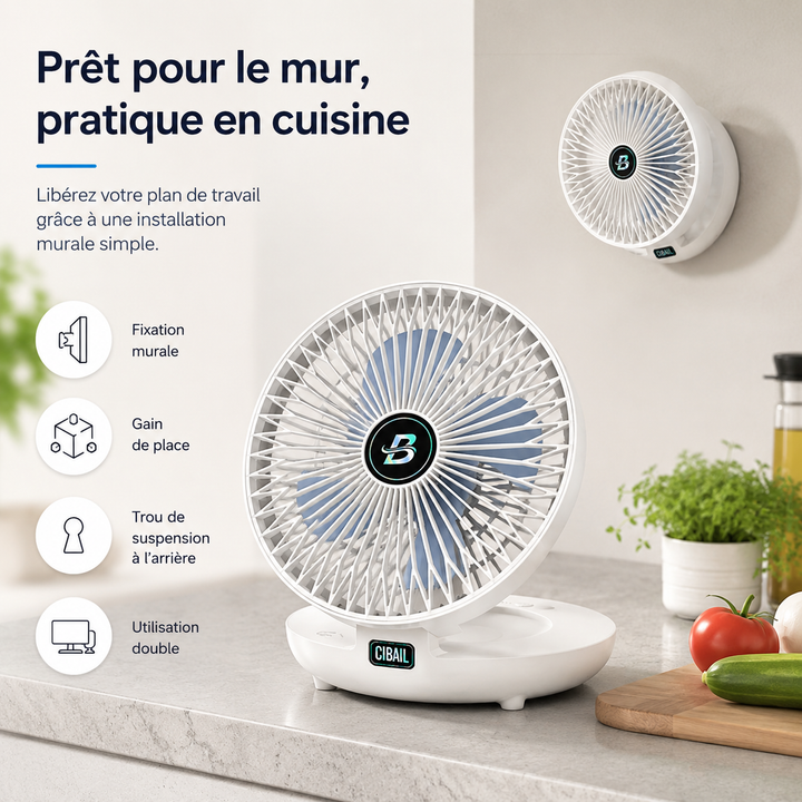 Ventilateur portable rechargeable avec LED, pliable pour bureau ou mur. Idéal pour rafraîchir en été.