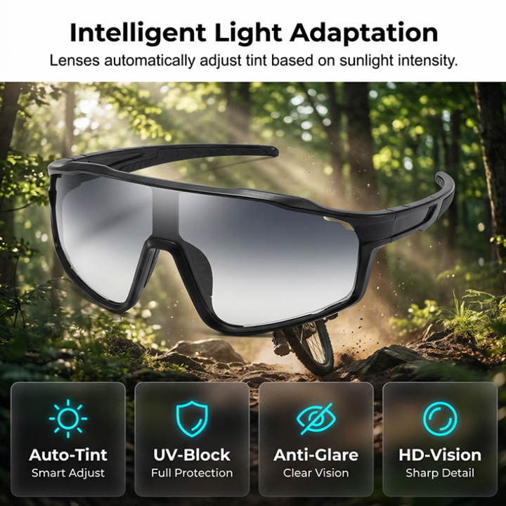 Lunettes de sport photochromiques anti-éblouissement, idéales pour cyclisme, course et outdoor.