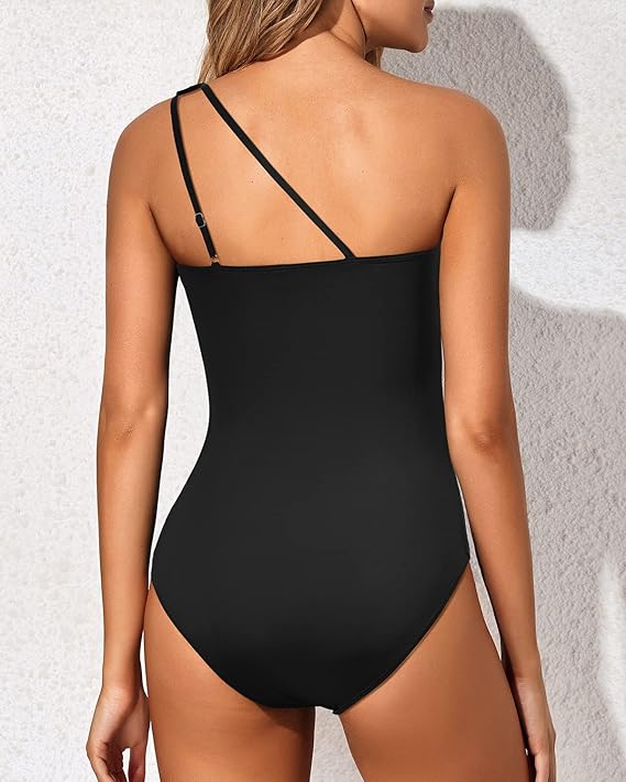 Maillot de bain femme confort, imprimé tropical vibrante. Style une épaule unique.