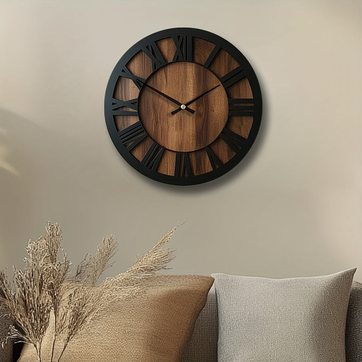 Horloge murale ronde en bois silencieuse, design moderne, idéale pour salon ou chambre.