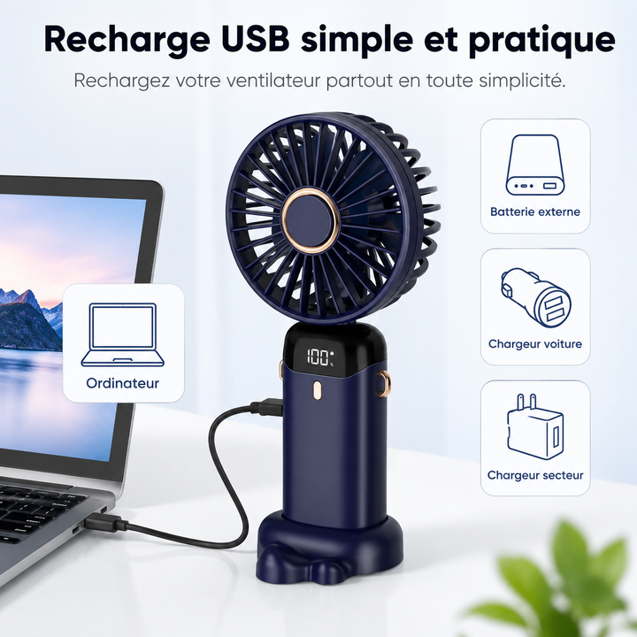 Ventilateur portable et silencieux, doté d'une batterie 5000mAh, idéal pour la maison, le bureau ou les voyages.