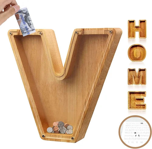 Boîte à monnaie en bois, lettre U. Décoration unique et utile, favorise les économies pour l'avenir.