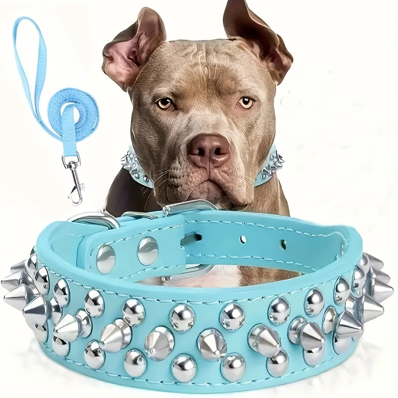Collier noir clouté en simili cuir réglable pour grands chiens. Idéal pour dressage et promenade sûre.
