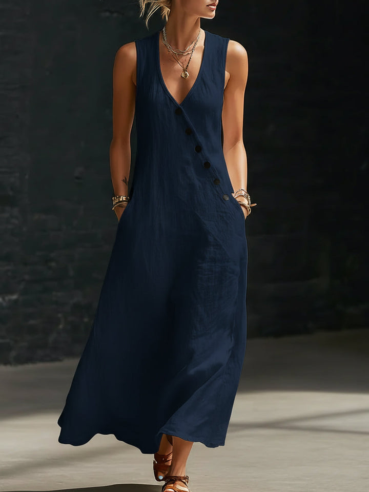 Robe maxi femme minimaliste et chic, confortable pour le quotidien. Col V et boutons, idéale pour la belle saison.