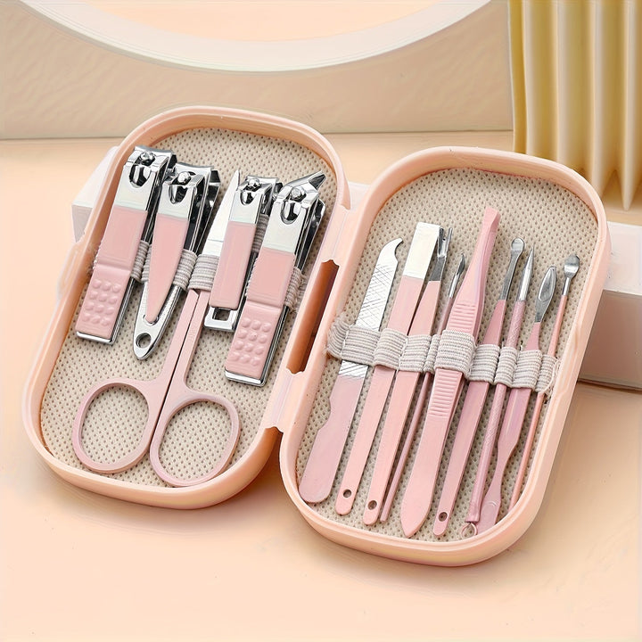 Set portable de manucure et pédicure avec 14 outils en acier inoxydable, parfait pour des soins des ongles à la maison.
