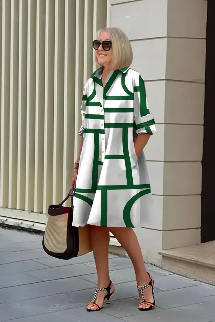 Robe femme midi coupe A-ligne, imprimé graphique 3D. Robe chemise confortable, élégante pour printemps/été.