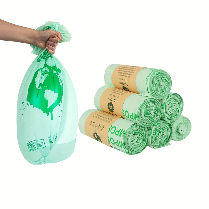 Sacs poubelle compostables épais 6-30L pour déchets alimentaires cuisine, biodégradables et résistants.