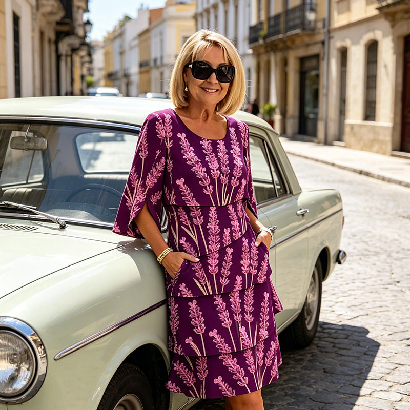 Robe midi femme lavande imprimée florale, volants superposés, manches fendues. Idéale printemps/été.