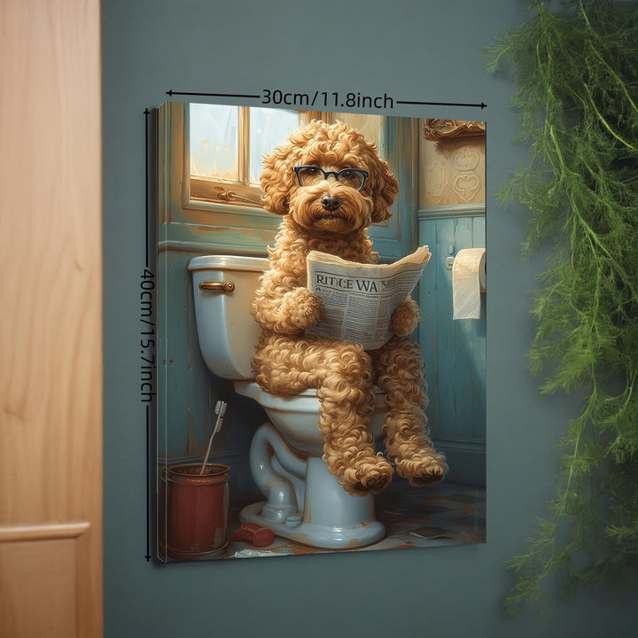 Impression murale humoristique de chien pour salle de bain. Tableau drôle, décoration animaux originale.