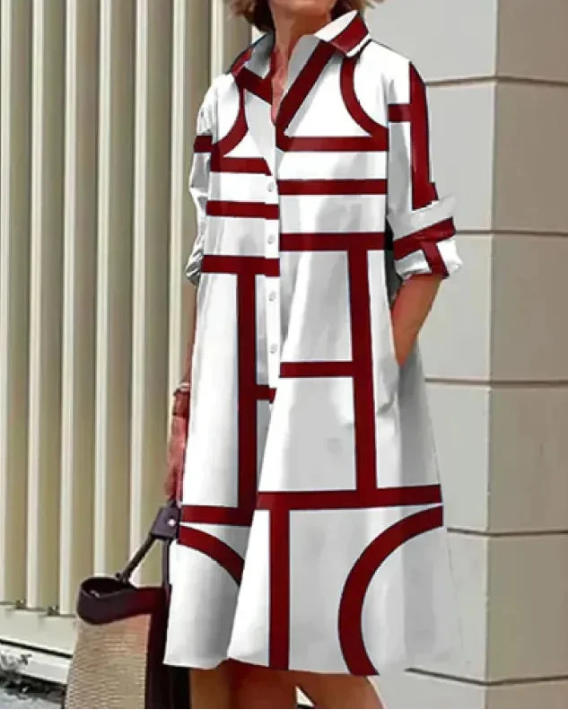 Robe chemise midi femme élégante à imprimé graphique 3D, coupe A-ligne. Parfaite pour printemps/été.