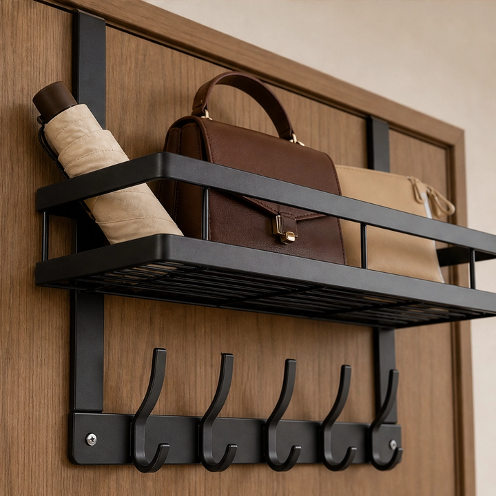 Crochets porte-manteaux et panier de rangement suspendus à une porte, en acier carbone, pour vestes, sacs et clés.