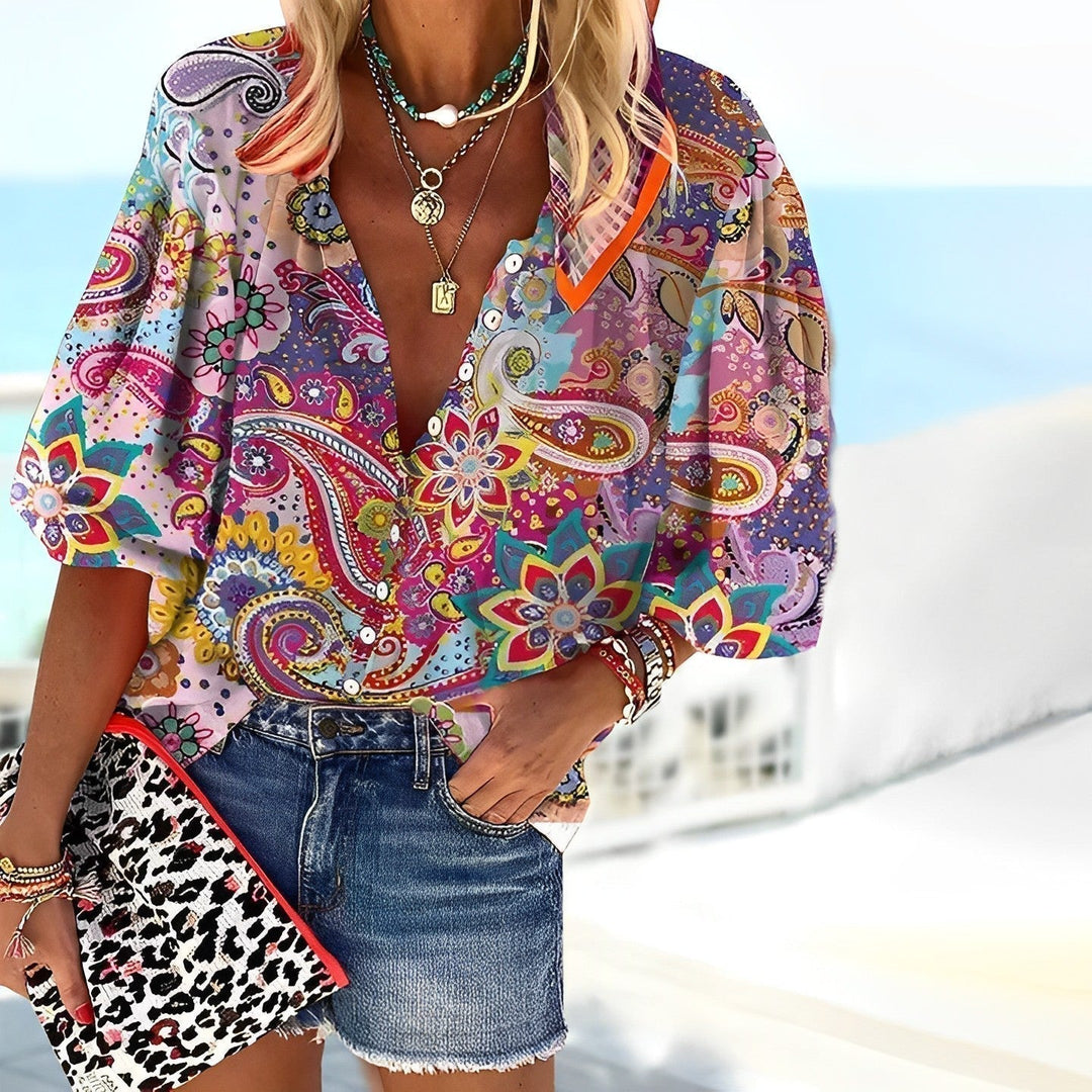 Blouse femme Luna ample et confortable à manches longues, motif mandala bohème. Idéale automne-hiver.