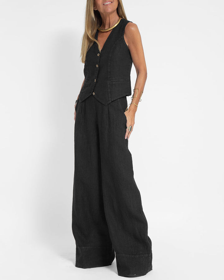 Ensemble fluide Alma pour femme, gilet léger et pantalon large en lin.