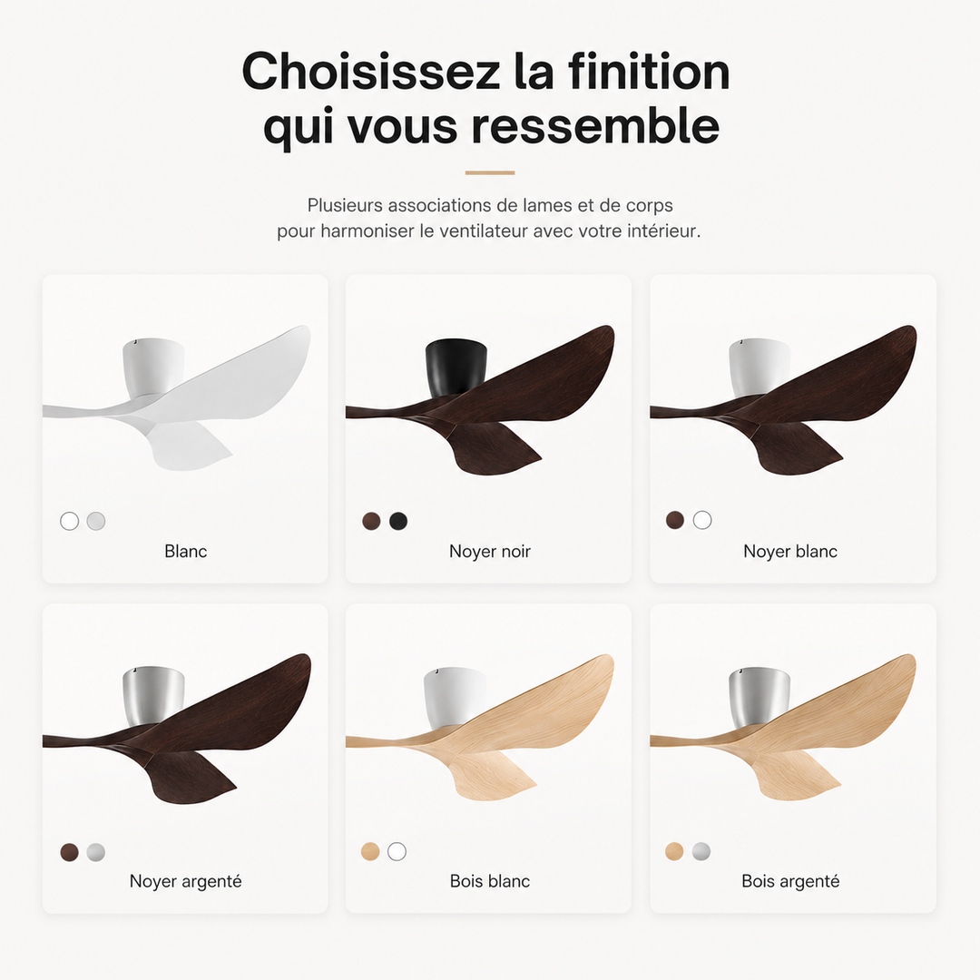Ventilation efficace et silencieuse avec ce ventilateur de plafond moderne aux pales en bois.