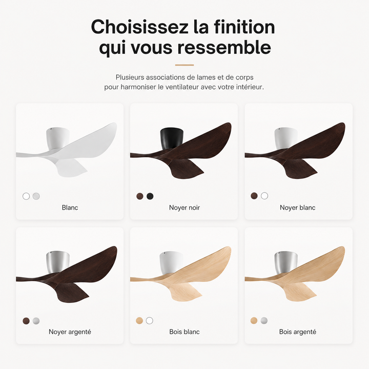 Ventilation efficace et silencieuse avec ce ventilateur de plafond moderne aux pales en bois.
