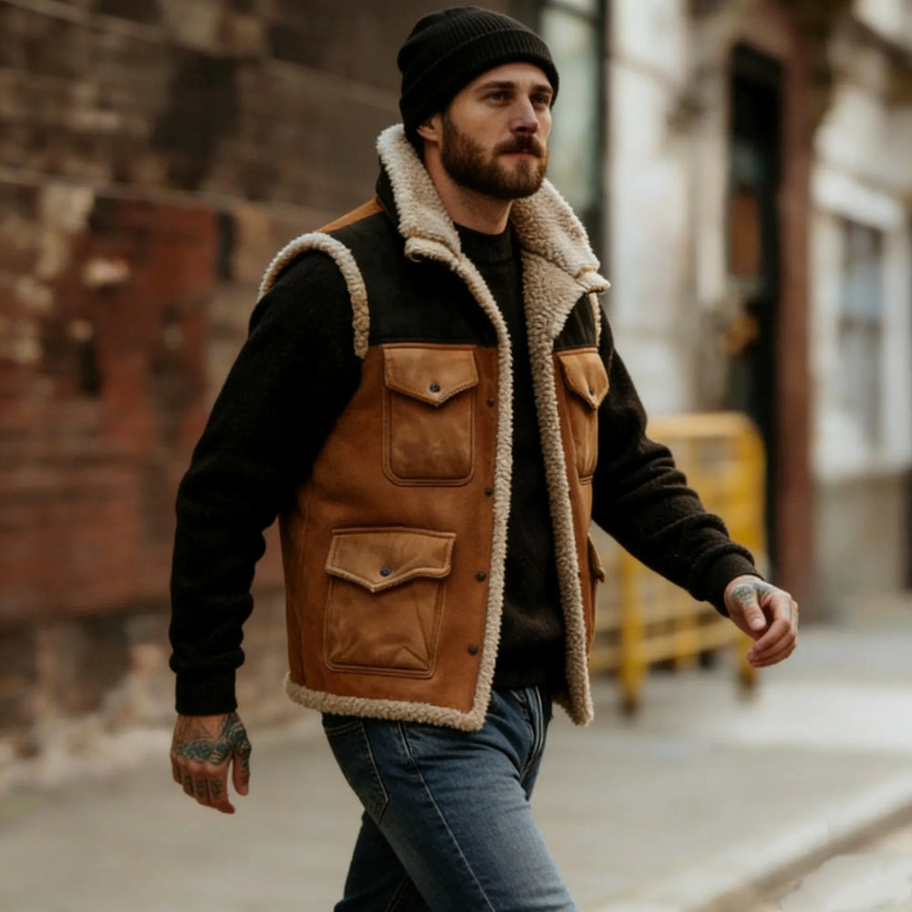 Gilet homme sans manches style vintage colorblock, polaire confortable, look urbain rétro pour superposition.