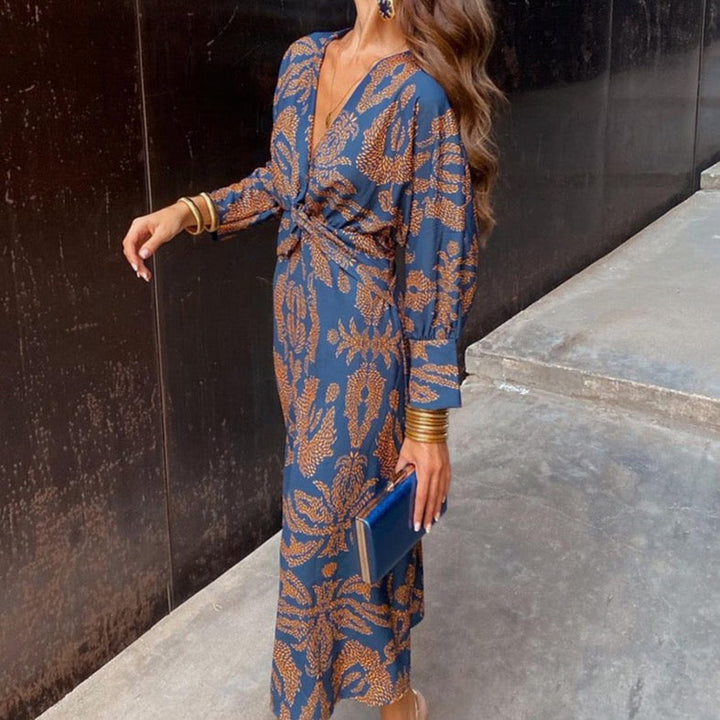 Robe longue femme élégante, col V, manches longues, imprimé créatif chic. Parfaite pour l'automne.