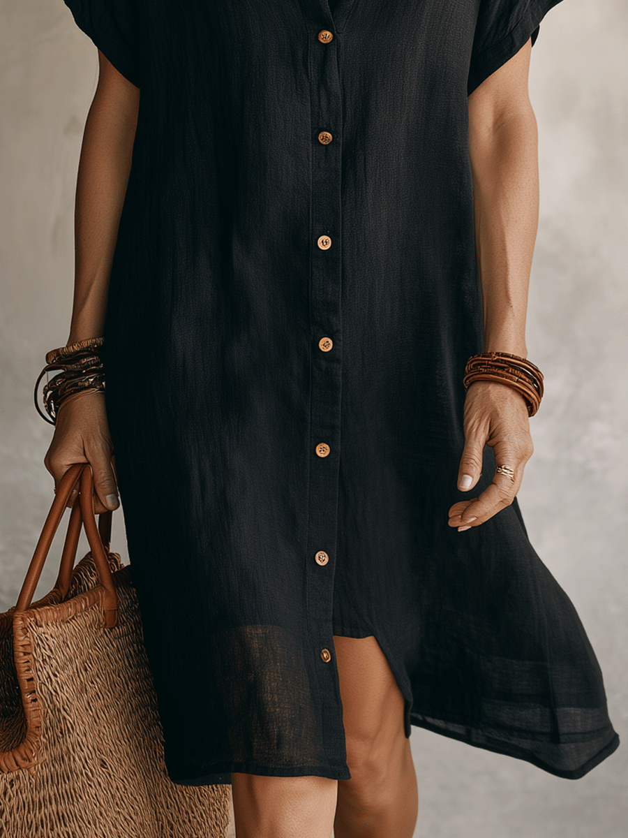 Robe chemise midi boutonnée femme, décontractée et élégante, style printemps-été, parfaite pour la plage.