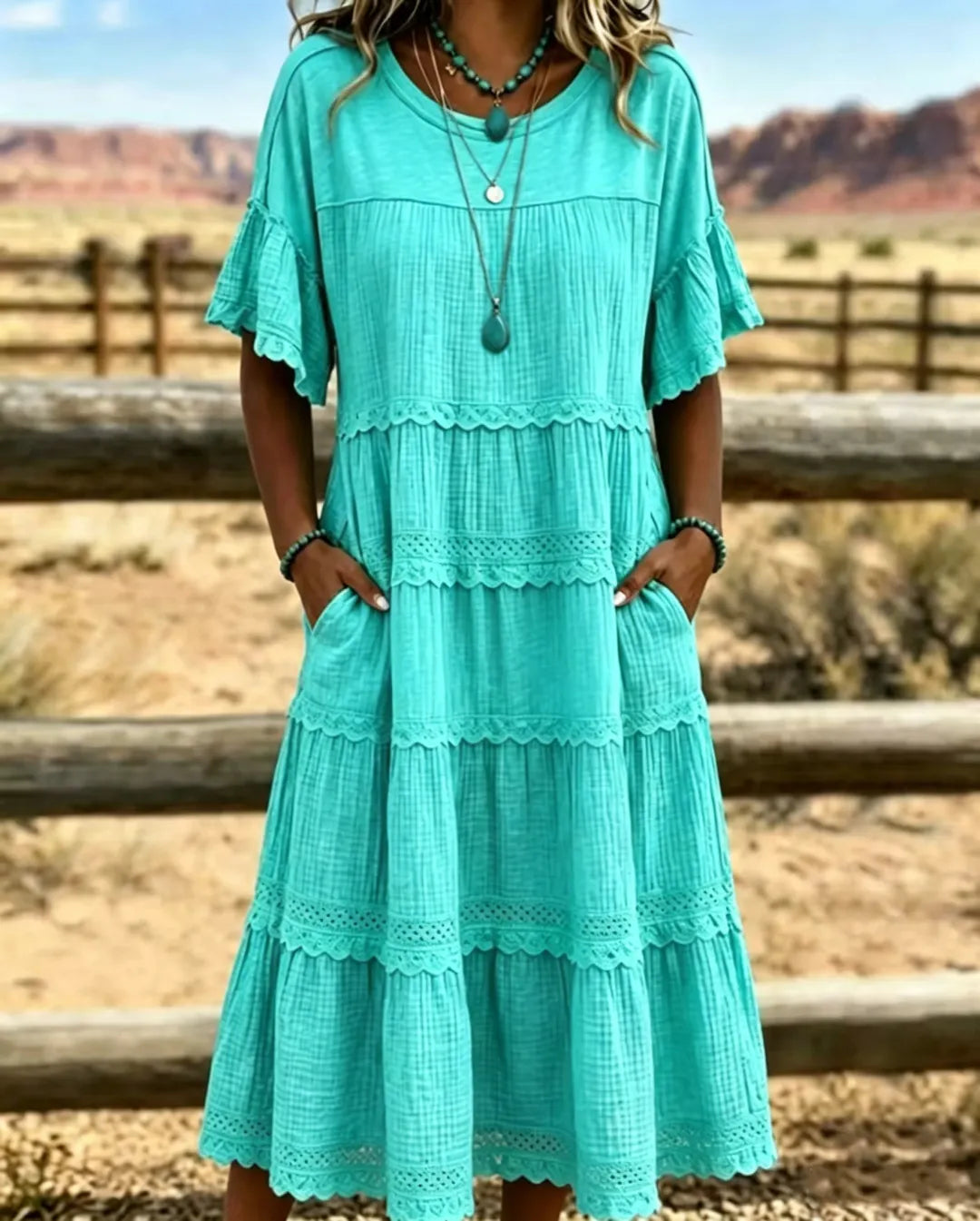 Robe midi femme en coton/lin respirant, coupe fluide, volants doux. Confort décontracté pour les journées chaudes.