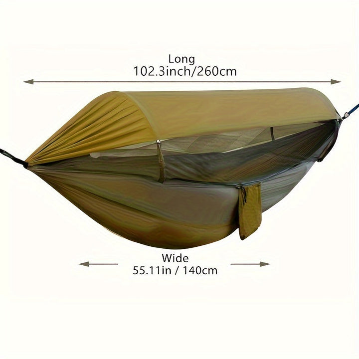 Hamac d'aventure 3-en-1 pour le plein air, offre protection anti-insectes et solaire. Confortable et durable.