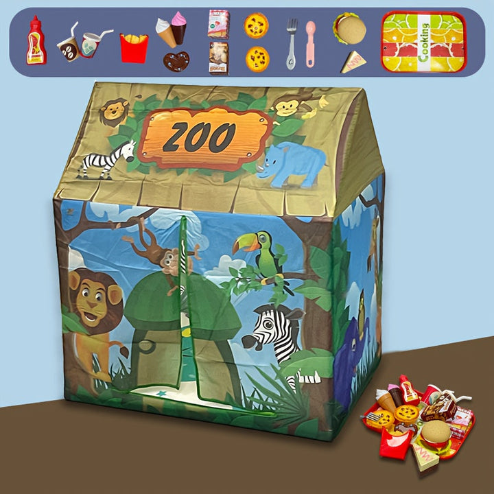 Tente de jeu safari jungle colorée pour enfants, installée en extérieur pour des aventures thématiques amusantes.