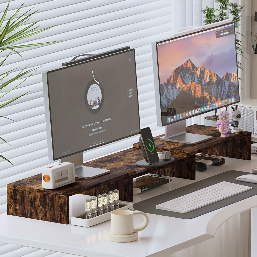 Support double moniteur pour un espace de travail optimisé, réglable en hauteur et inclinaison.