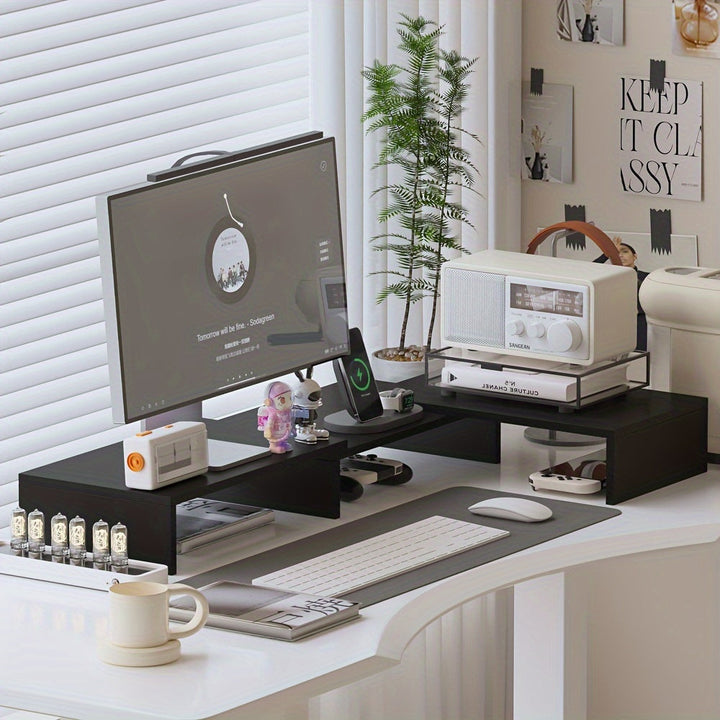 Accessoire de bureau: support moniteur double bras en métal, idéal pour une station ergonomique.