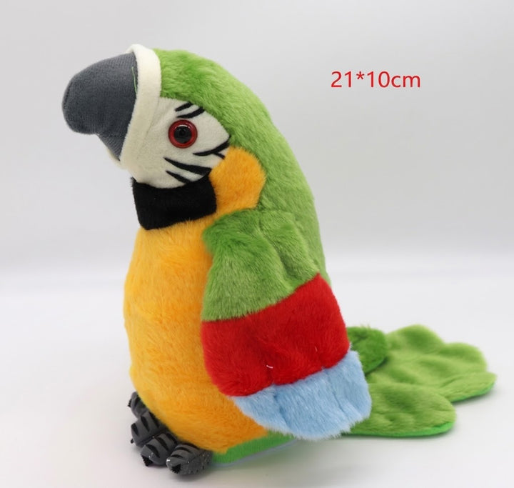Grand perroquet interactif en peluche colorée, parlant et reproduisant des sons. Jouet éducatif pour enfant.