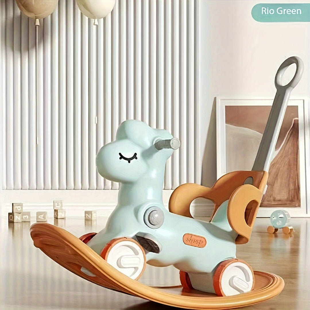 Jouet gris 2-en-1: cheval à bascule et vélo d'équilibre, design moderne pour motricité et équilibre.