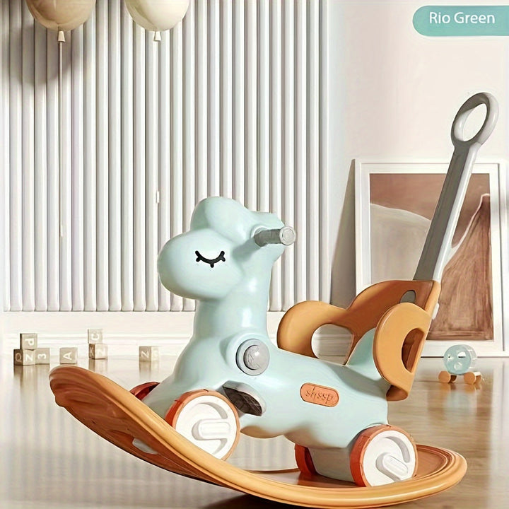 Jouet gris 2-en-1: cheval à bascule et vélo d'équilibre, design moderne pour motricité et équilibre.