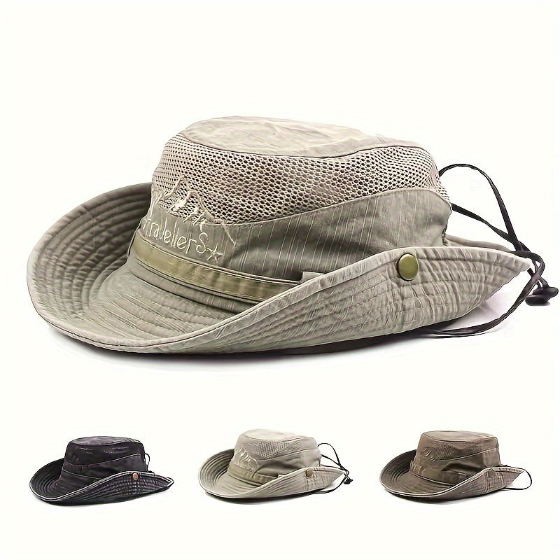 Chapeau de soleil unisexe respirant avec protection UV et cordon. Idéal pour l'extérieur, randonnée et plage.
