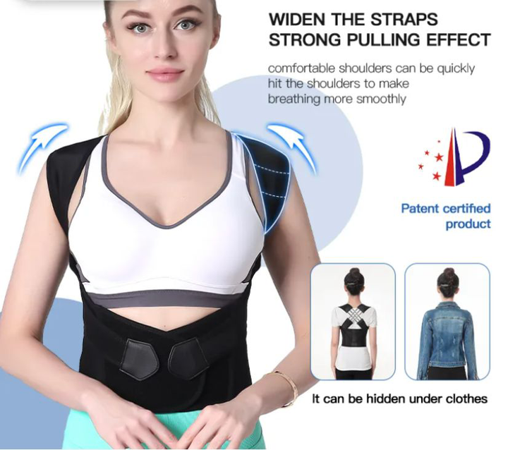 Homme et femme portant le correcteur de posture noir, soulageant le dos et les épaules pour un meilleur bien-être.