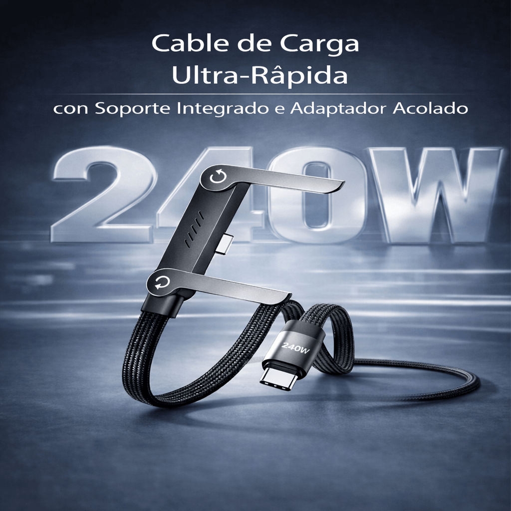 Cable de Carga Rápida USB-C 2-en-1 con Soporte Integrado para Móvil y Tablet